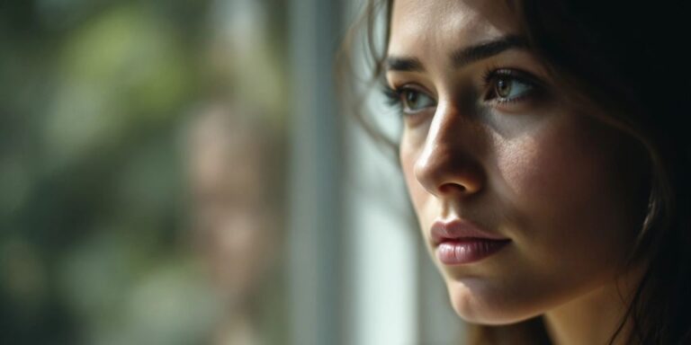 Person looking thoughtfully out a window, deep in thought